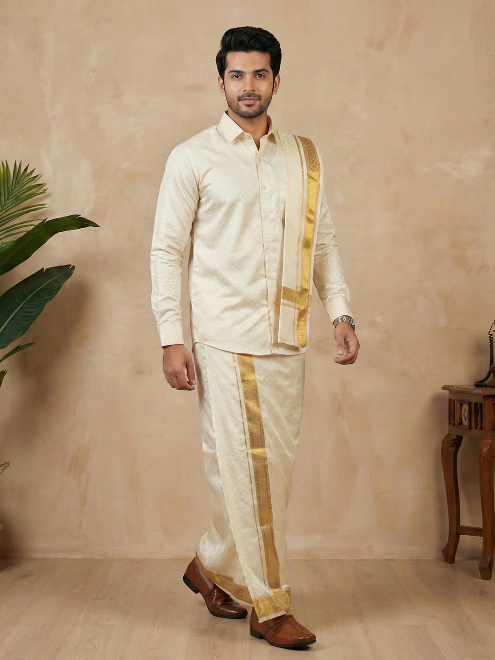 Men Art Silk Self Design Shirt with Readymade Dhoti & Towel Set Cream CRJD3